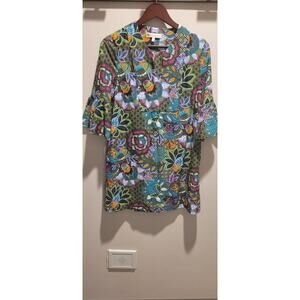 Jude Connally Dress XS Green Floral Bell Sleeve Pockets Stretch Comfort Relaxed